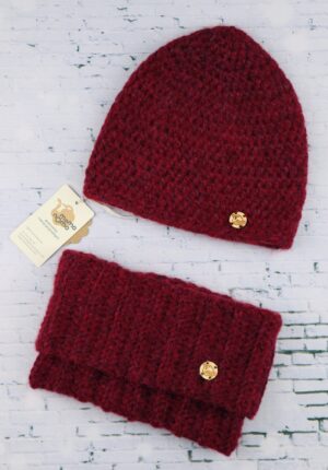 komplet czapka i komin z wełny alpaki bordowy
