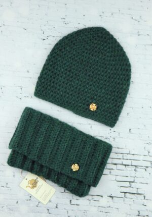 komplet czapka i komin z wełny alpaki ciemny zielony