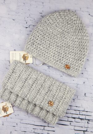 komplet czapka i komin z wełny alpaki jasny szary