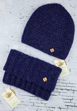 komplet z wełny alpaki czapka i komin granatowy