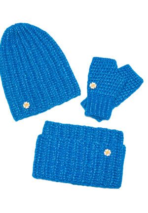 Kobaltowy komplet ALPAKA CLOUD - czapka, komin i mitenki